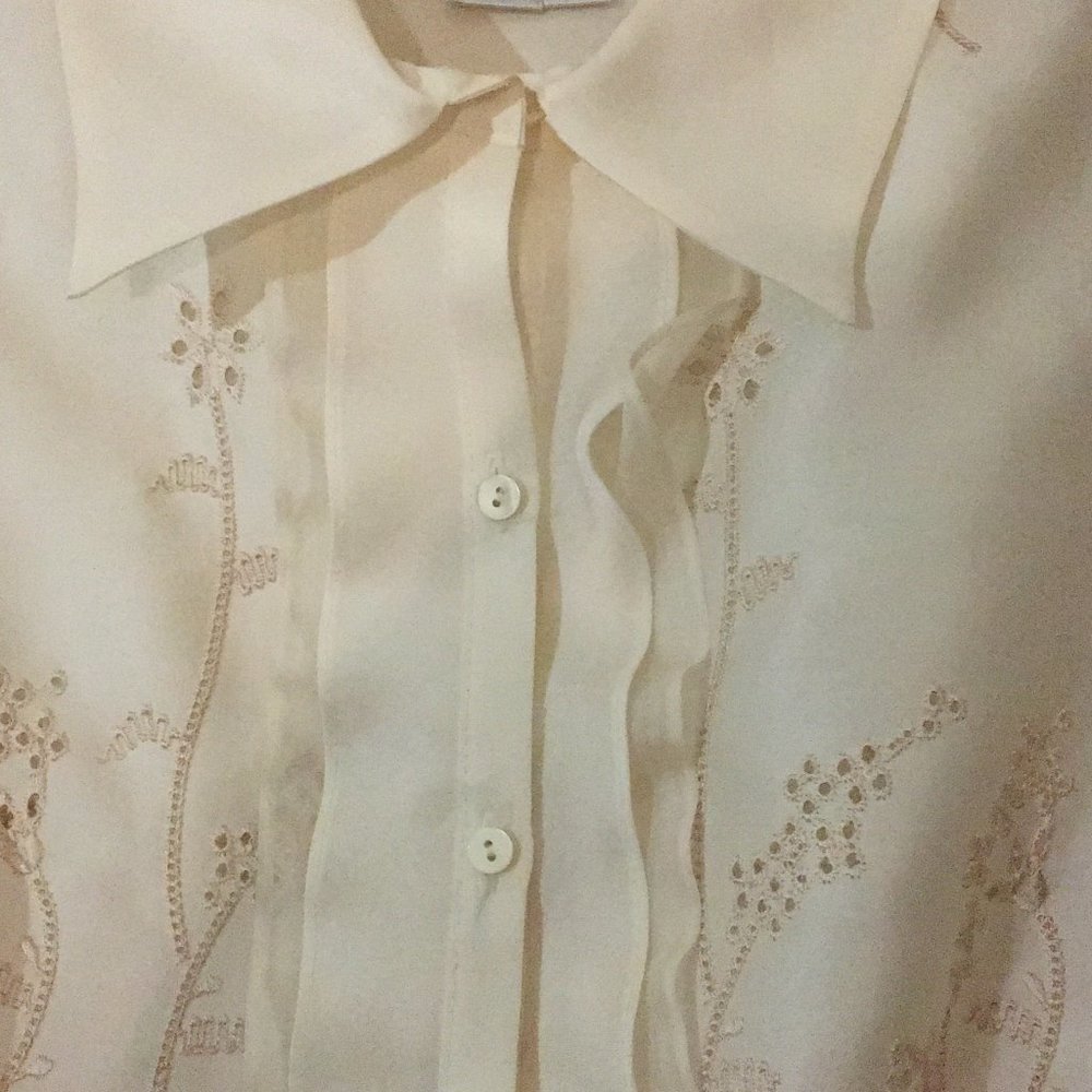 Kay Unger Cream Embroidered Ruffle Front Blouse